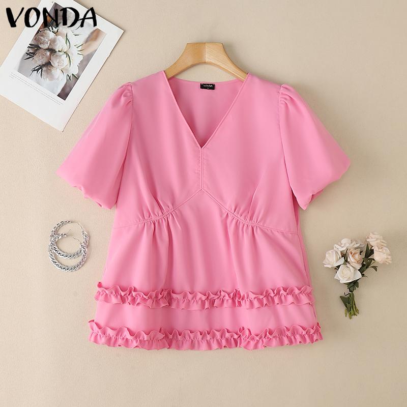 

VONDA Women V Neck Short Sleeve Slim Waist Ruffled Casual Blouse 3XL розовый