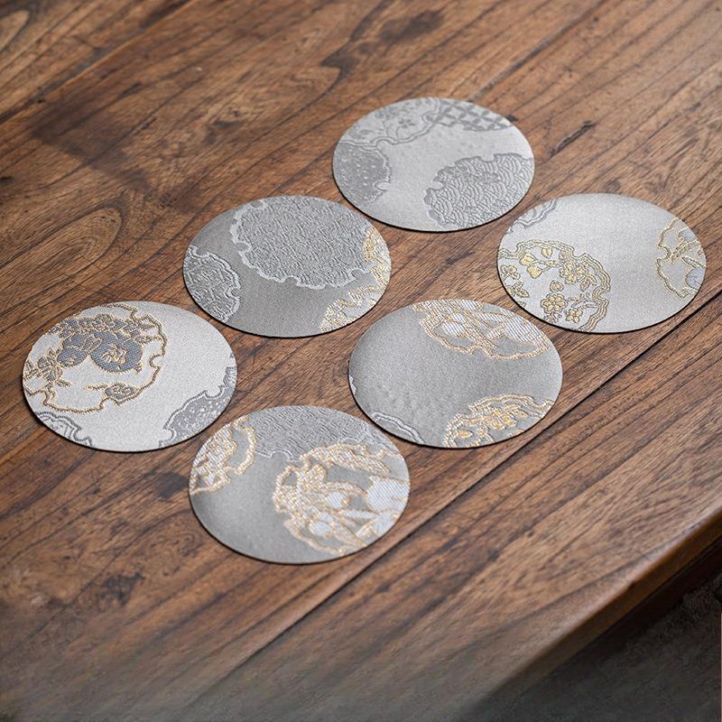 

6pcs/Set Chinese Tea Coasters Brocade Coaster Double-Sided Cup Saucer Fabric Round Heat Proof Mat Traditional Pattern Coaster