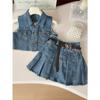 A Cute Two-Piece Set for Girls Featuring A Denim Vest and A Pleated Skirt  for Outdoor