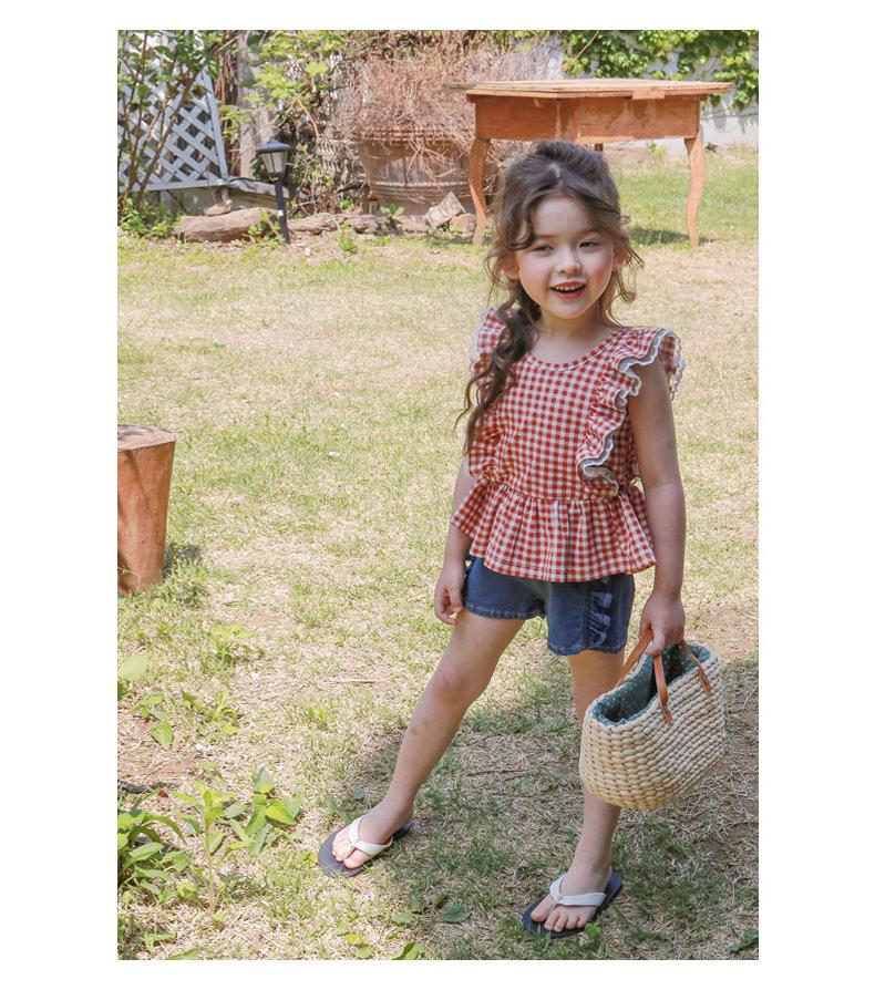 Mädchen Karierte Rüschen Ärmellose Weste - Sommer 2024, Reine Baumwolle, Alter 3-10