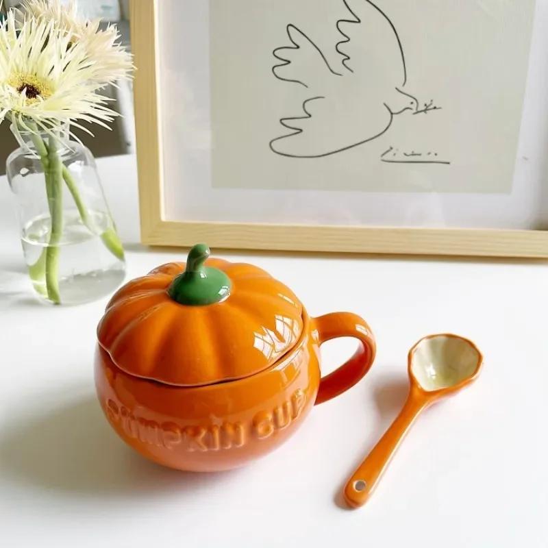 Cute Pumpkin Ceramics Coffee Mug Milk Soup Cup with Lid Breakfast Water Mug Office Home Drinkware Teacup Decoration Morning Cup