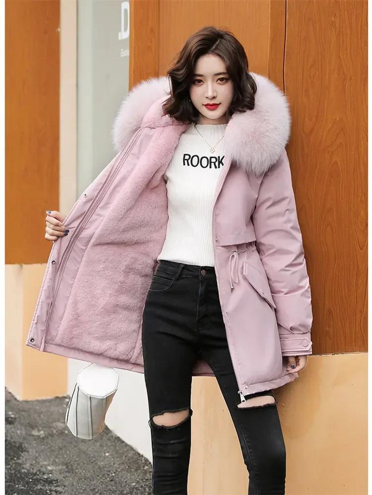 Autumn Winter Coat Women Beige Add Wool Thick Warmth Fur Hooded Parkas Jacket 2026 New Fashion Belt Slim Cotton Coat