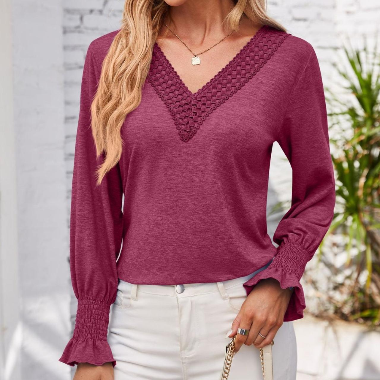 

GMXIA женские модные повседневные летние весенние однотонные свободные блузки и рубашки с длинным рукавом и v-образным вырезом с принтом XXL фуксия