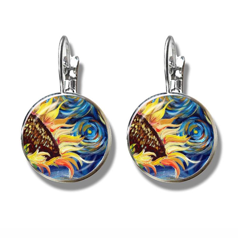 Van Gogh Solsikker Kunst Vintage Sølvbelagte Øredobber Glass Cabochon Kuppel Stiftøredobber Zirkon For Kvinner Jenter Gave