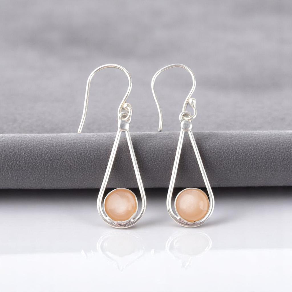 Peach Moonstone Gemstone 925 Sterling Silver Jewelry Handcrafted Earrings 1.76" EE-126-29