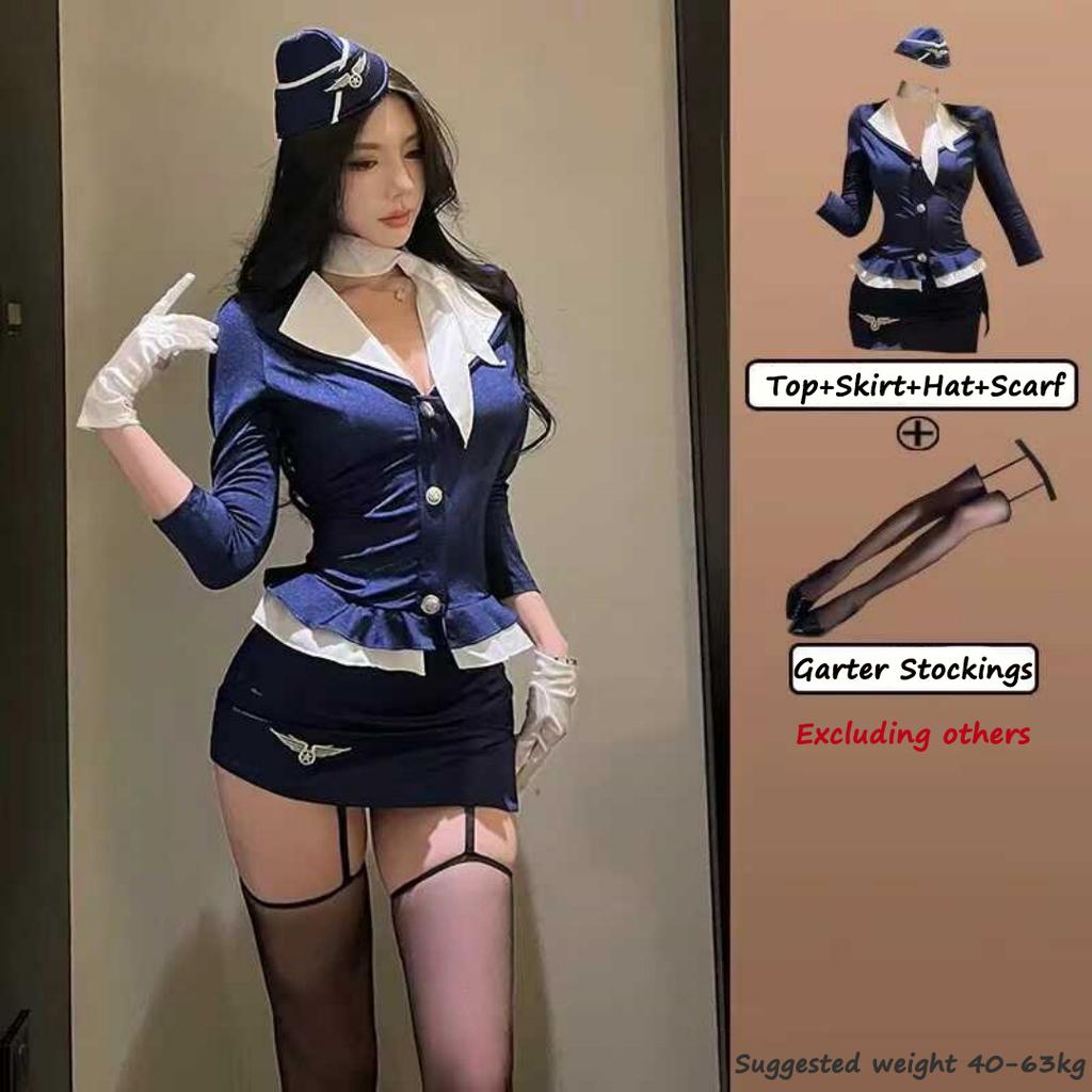 2025 NEW Woman Sexy Airline Stewardess Cosplay Sexy Air Hostess Uniform Halloween Costumes Fancy Role Play Party Nightclub Set
