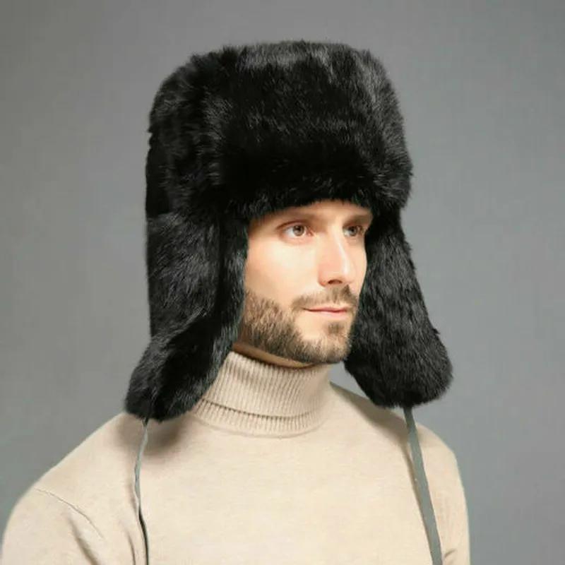Warm Winter Rabbit Fur Mens Hat Russia Trapper Earflap Ski Cap Winter Hat
