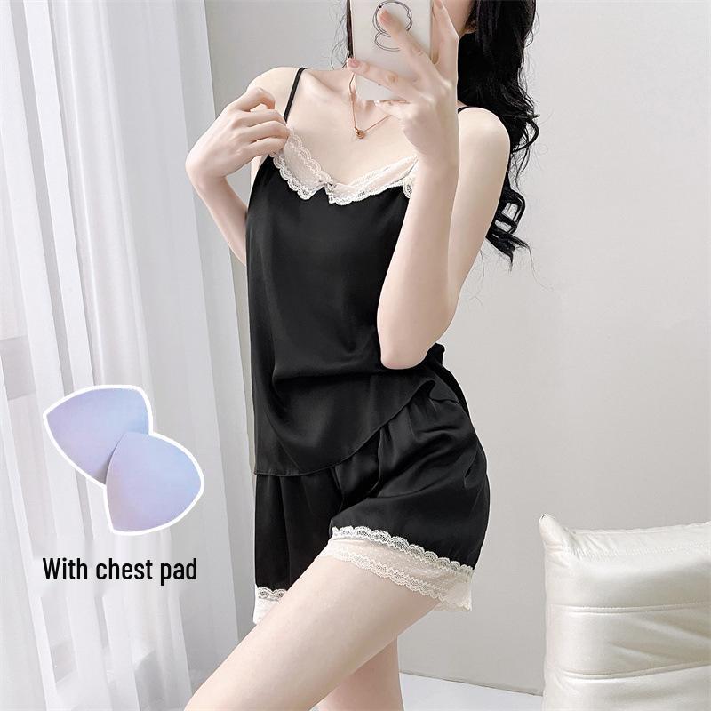 Ice Silk Women's Pajama Set: Sexy Camisole and Shorts with Chest Pads - Ideal for Indoor/Outdoor Wear