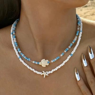 Vintage Trend Böhmische Seestern Doppellagige Halskette, Damen Personalisierter Ethnischer Stil Strandurlaub Party Accessoires Geschenke