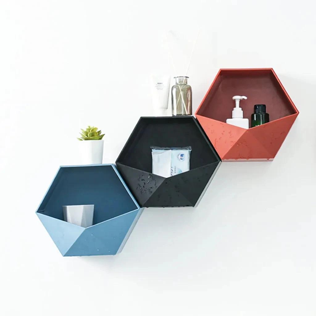 Nordic Style Wooden Decor Wall Mount Hexagonal Frame Books Toys Flower Pot Storage Shelf Holder Figurines Display Crafts Shelves