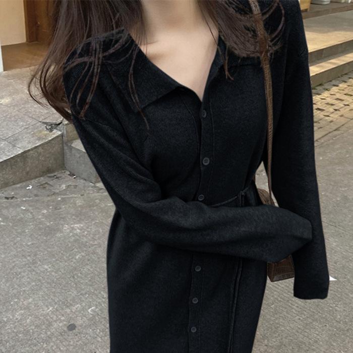

Dress early autumn long sleeves loose and thin inside knitted skirt French gentle wind long sweater skirt autumn and winter One size fits all чёрный