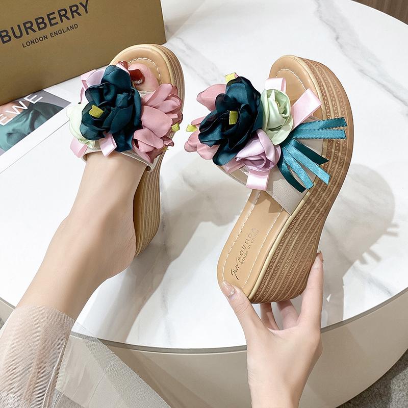 Mode Aphixta Rosa Blau Neue 9cm Hohe Keilabsätze Applikationen Blumen Plateau Pantoletten Damen Sommer Draußenschuhe