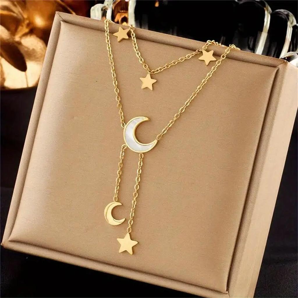 Doppellagige Halskette mit Stern- und Halbmond-Quastenanhänger für Damen, Vintage-Accessoire im Bohème-Stil, Legierung, vielseitig einsetzbar für den Alltag und Partys