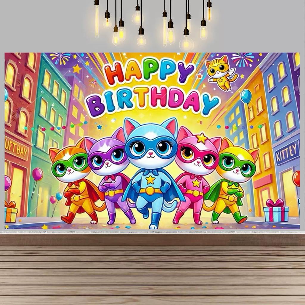 Cartoon Superkitties Birthday Party Decorations Background  Cute Super Cat Squad Theme For Baby Shower Kids Party Supplies Gift239