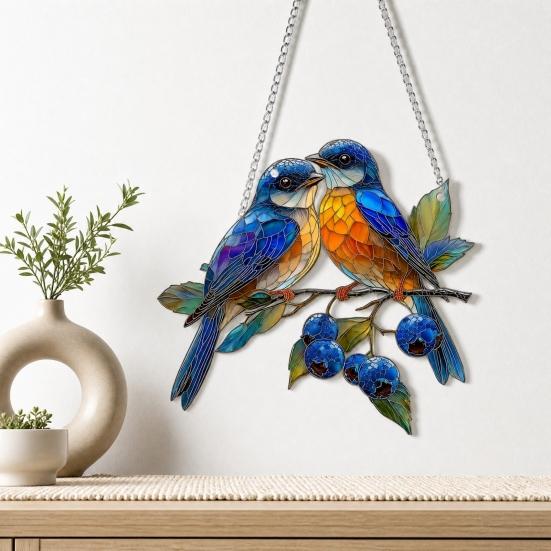 Red Bird Sun Catcher, 2D Acrylic Bird Hanging Decoration, Stained Glass Style Bluebird Suncatcher for Indoor Window Front Porch Decor