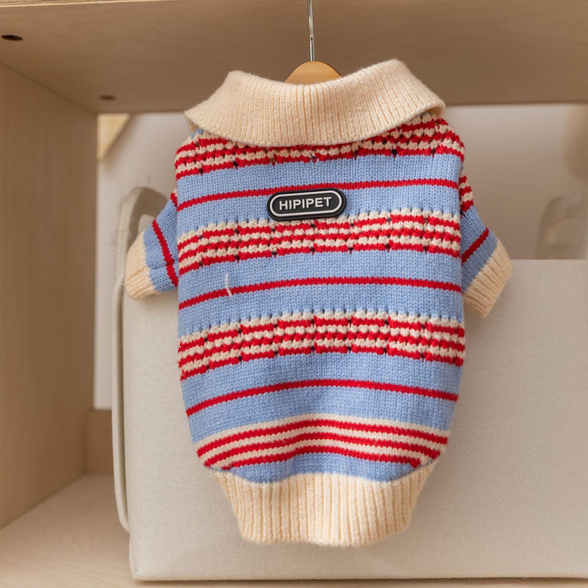 

Pet Clothes Autumn and Winter Lapel Knitted Striped Sweater Going Out Small Dog Puppy Bigbear Teddy Dog Clothes XL (recommended weight 14-9 kg) бонди синий