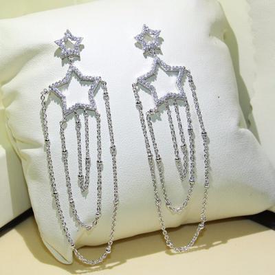 Hyacinth Bohemia Style Women 925 Sterling Silver Bridal Long Tassel Earring  Cubic Zircon Star  Drop Dangle  Earring Chain Gift