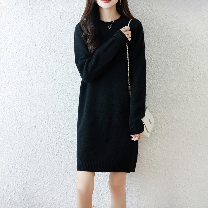 

Women Sweater Dress 100% Wool MODERN NEW SAGA O-neck Knit Long Pullover Winter Jumpers Wool Long Dress Female 2XL чёрный