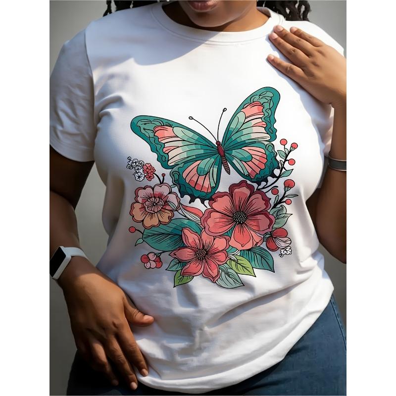 Plus Size, Plus Size Plus Size Women s Breathable T Shirt Floral Butterfly Print Round Neck Top Soft Stretchy Casual T Shirt Suitable S чёрный