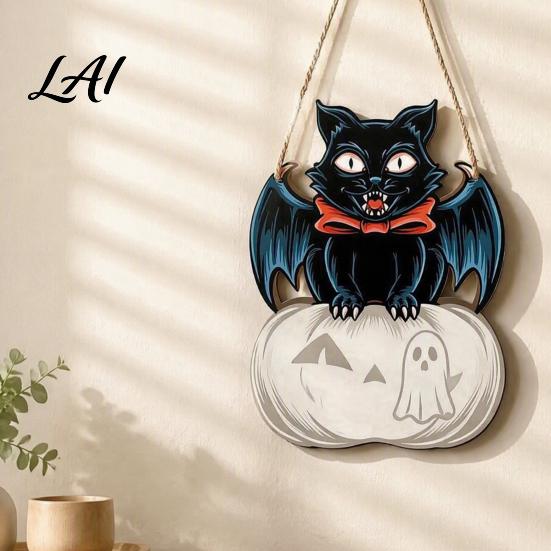 Festive Wooden Wall Hanging Halloween Door Sign Black Cat Bat Pumpkin Plaque with Rustic Sign Jute Rope Farmhouse Front Porch Indoor Outdoor