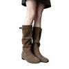 Sheepskin Version~ Inner Height Increase 5cm Retro Leather Pleated Western Cowboy Boots Women's Versatile But Knee-high Boots