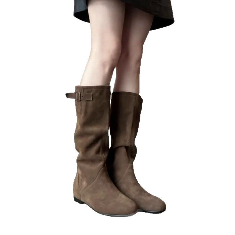 Sheepskin Version~ Inner Height Increase 5cm Retro Leather Pleated Western Cowboy Boots Women's Versatile But Knee-high Boots