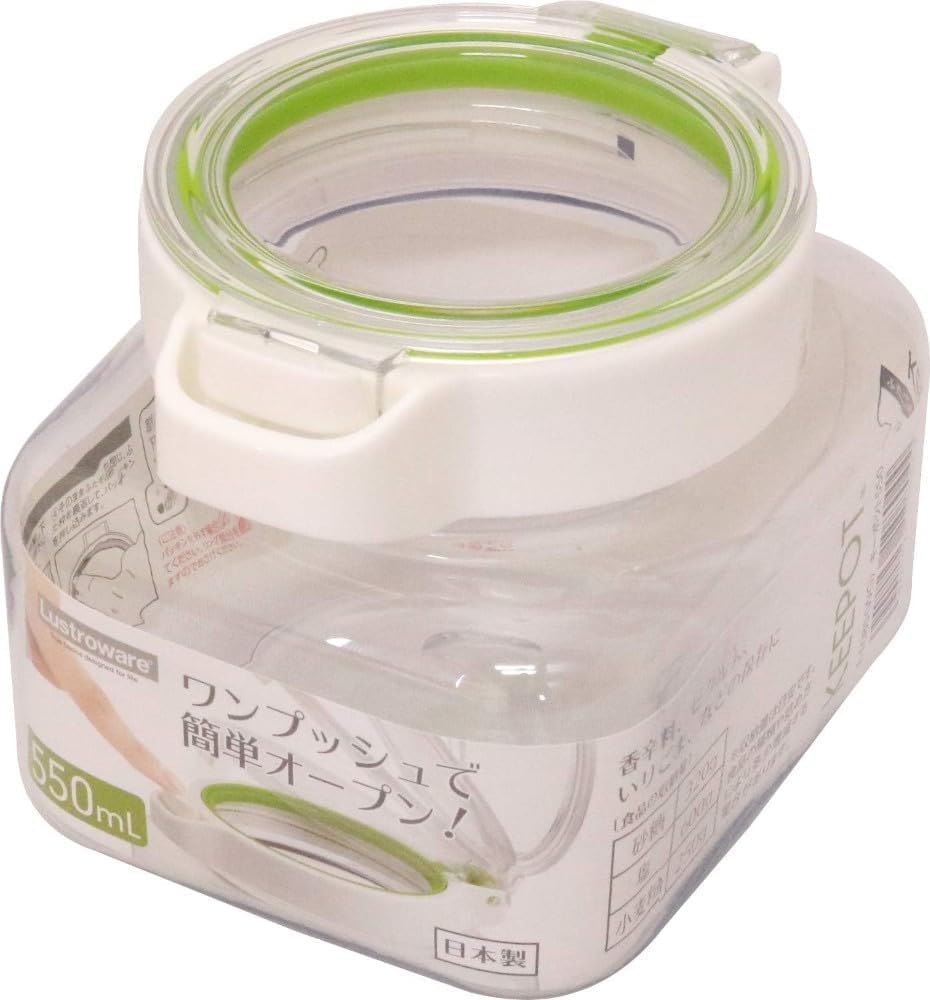 Iwasaki Kogyo Lustroware Storage Keypot Set of Dishwasher Made in Japan Containers, Canisters, Series, 550ml, 2, White/Green, One-Push Open/Close,