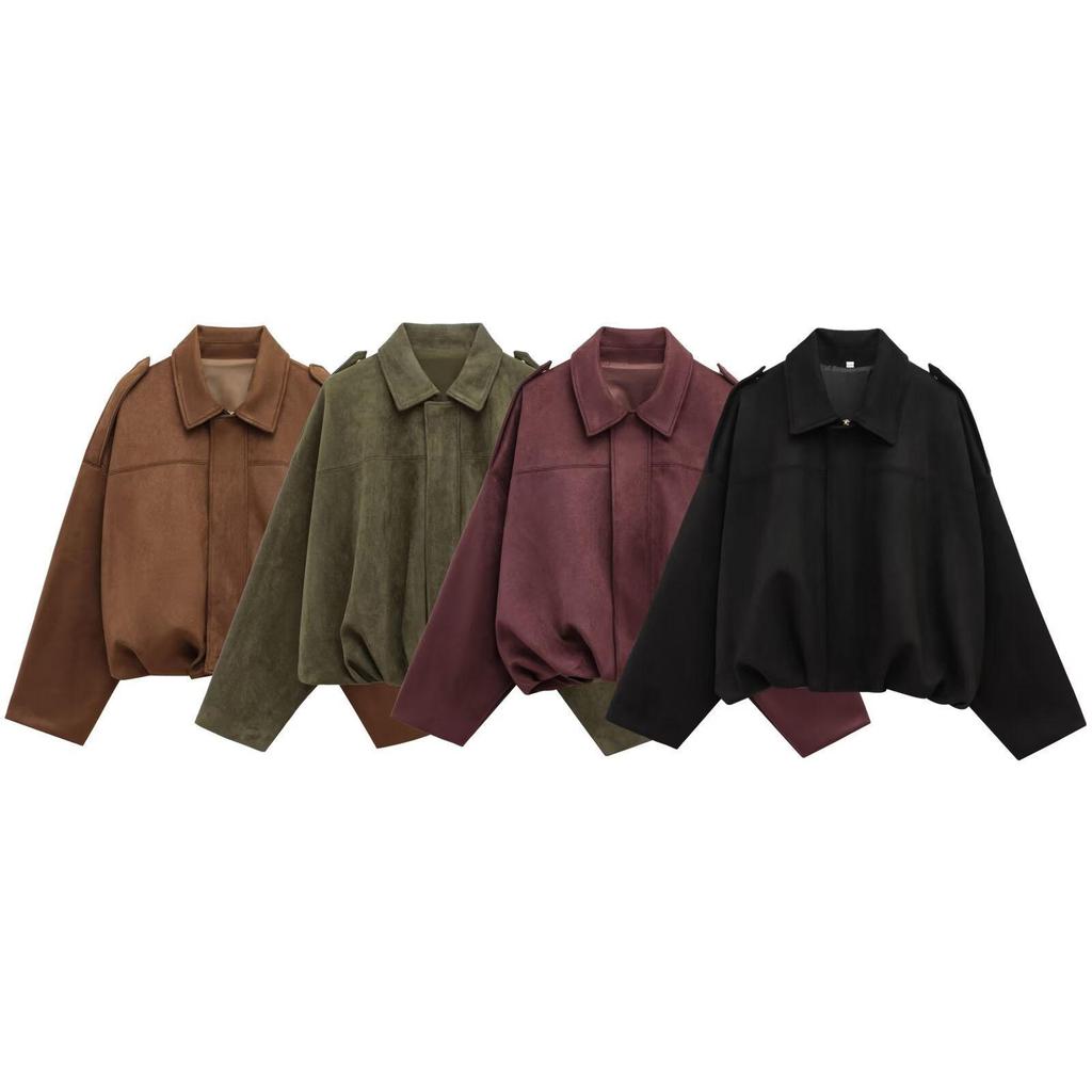 Women's Bomber Jacket Long Batwing Sleeve Zip Up Loose Fit Casual Outerwear