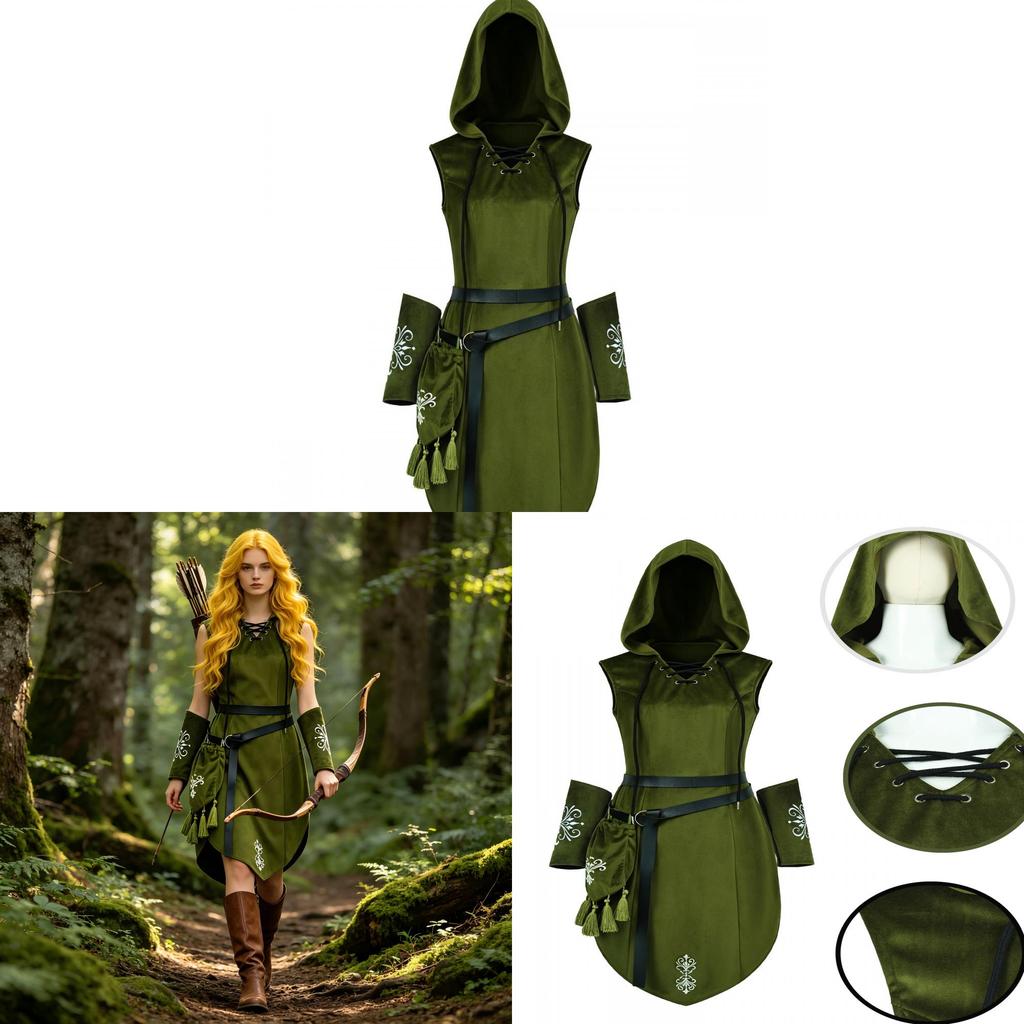 Elfen-Themen-Cosplay-Kostüm für Damen aus Polyesterstoff mit Kapuzenumhang für die Halloween-Party