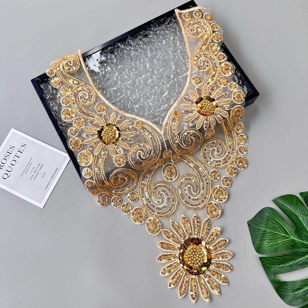 Gold Heavy Industry Mesh Bead Sequin Embroidery Patch Accessories Dress Performance Clothes Decorative Front Collar Cloth Stickers Accessories