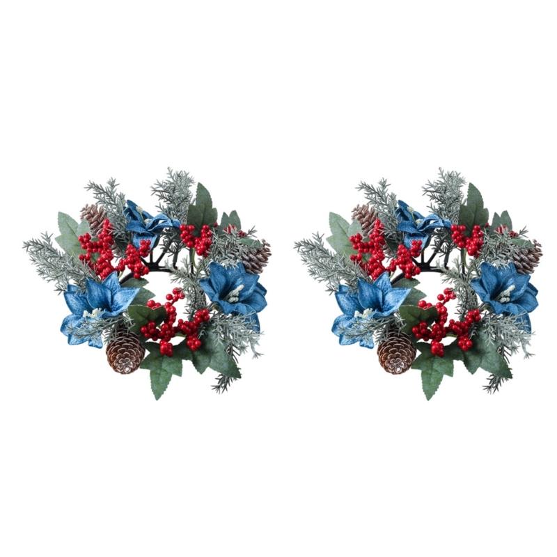 Door Wall Window Christmas Ornament Artificial Pinecone Candlestick Wreaths with Red Berries & Leaf Table Centerpiece