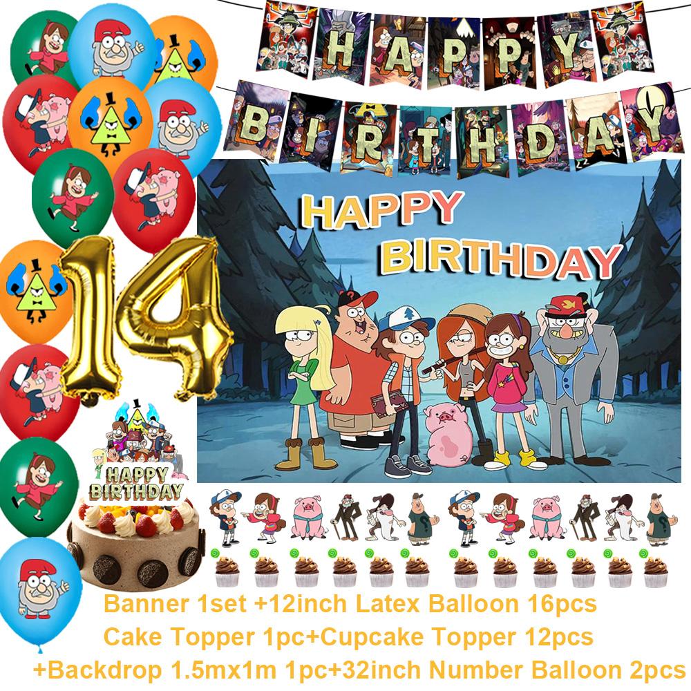 G&Gravity F-Falls Theme Birthday Party Decoration Cartoon Backdrop Banner Cake Topper Number Balloon Baby Shower Party Supplies