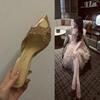2026 Summer Champagne Gold Embroidered Pointed Toe Mules: Women's One-Strap Thin Heel Sandals