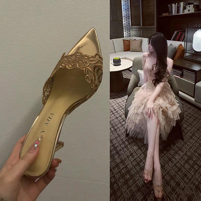 2026 Summer Champagne Gold Embroidered Pointed Toe Mules: Women's One-Strap Thin Heel Sandals