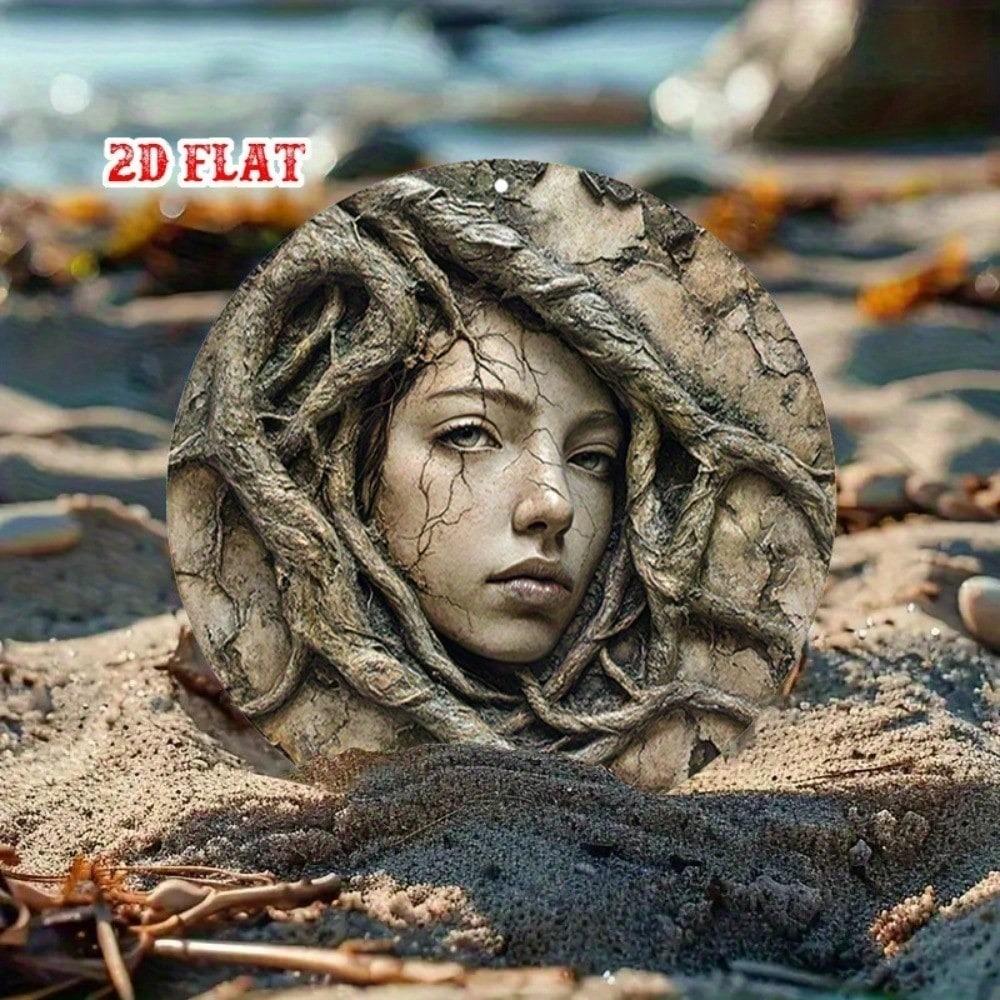 Retro Round Metal Tin Sign 7.8 Inch Stone Face Wall Art Nature Roots Design Frameless Home Decor