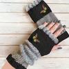 Gants en tricot sans doigts avec broderie de chat et patchwork, Gants décontractés ouverts aux doigts tendance pour femme, Mitaines chaudes d'hiver sans doigts