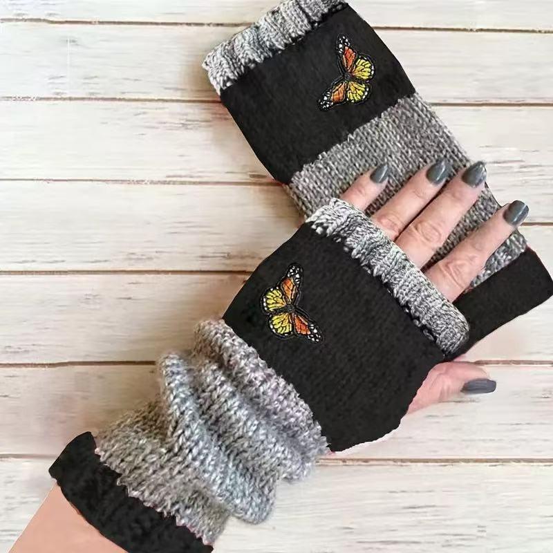 Gants en tricot sans doigts avec broderie de chat et patchwork, Gants décontractés ouverts aux doigts tendance pour femme, Mitaines chaudes d'hiver sans doigts