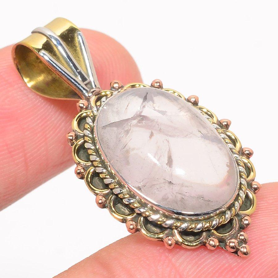 Pandantiv Bijuterii din Argint Sterling Solid 925 Bicolor cu Cuarț Roz Natural 1.50" w2i50