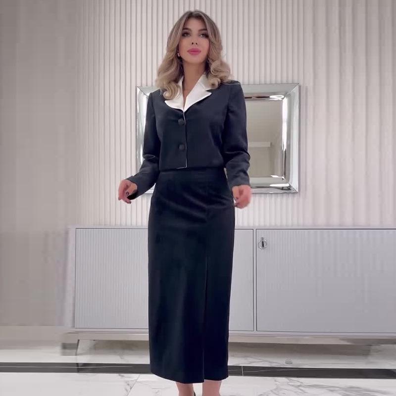 

Женский костюм с цветными блоками, отложным воротником, приталенного кроя и юбка-карандаш, осень 2024 L чёрный