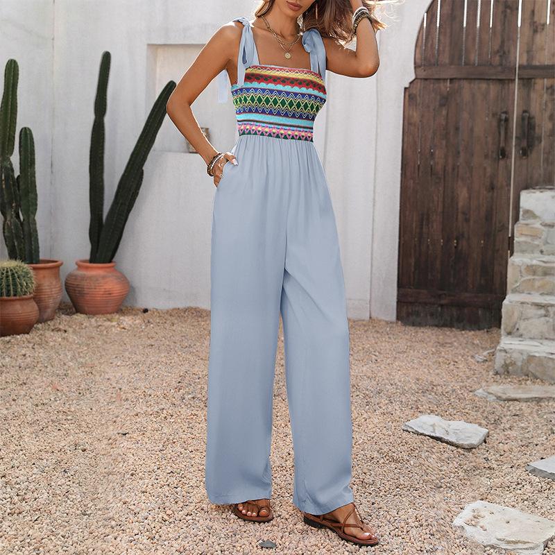 TIFICY Women's Fashion Casual Summer Spring Rhombus Print Sleeveless Suspenders High Waist Trousers Jumpsuits & Rompers