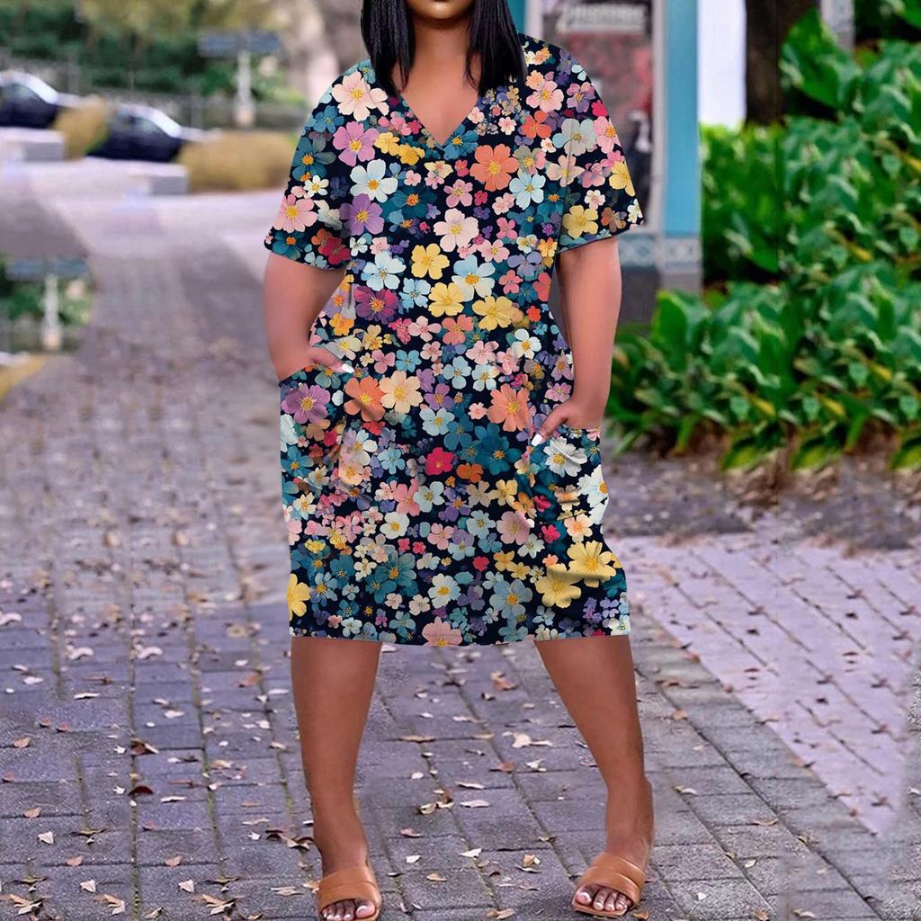 Summer Plus Size V Neck Short Sleeve Knee Pocket  Print Casual Dress For Women