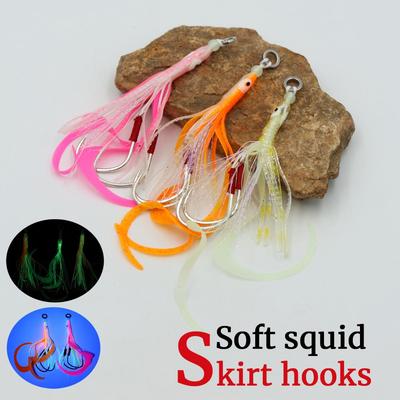 3 Pezzi Saette Morbide Luminose al Buio con 2 Ancorette per Slow Pitch Jigging, Esca da Traina per Pesca in Acqua Salata (Rosa Arancio Bianco)