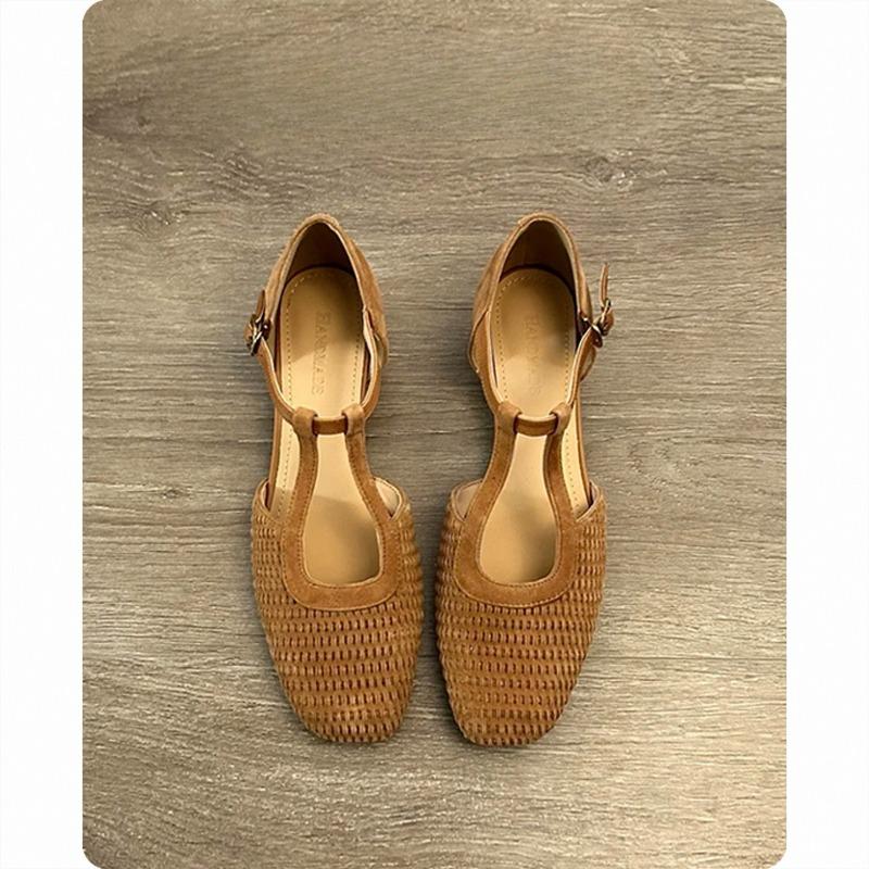 Retro Shoes Woven Sandals Women's Thick-heeled Flip-top Single Shoes