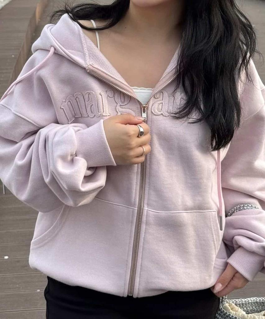 Stmg Margarine Applique Loose Two-Way Zipper Hoodie Pink