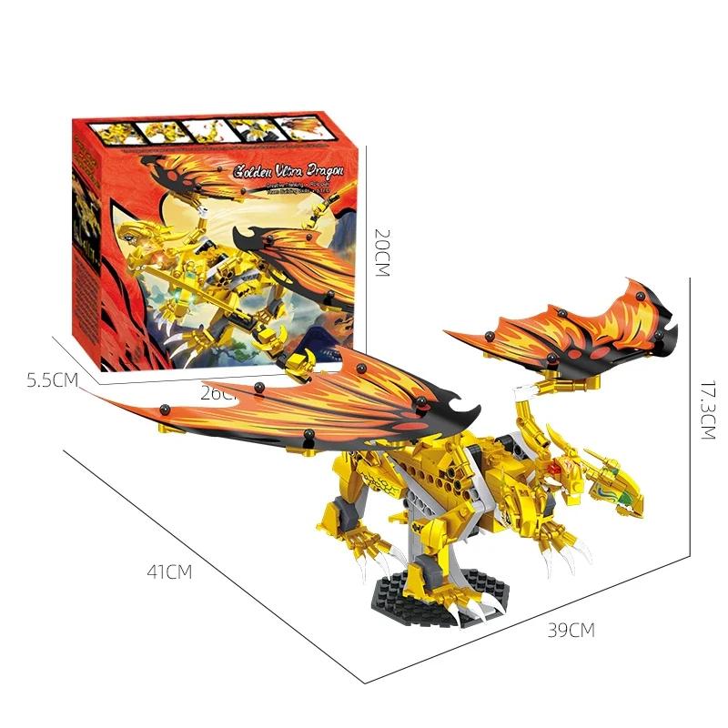 452PCS Golden Dragon Building Blocks Prehistoric Flying Dragon Dinosaur Model Bricks Set Educational Toys For Kids Holiday Gifts