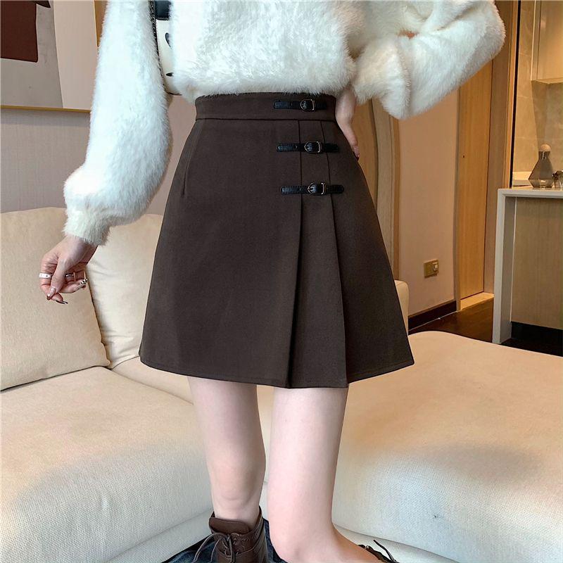 Petite High-Waisted A-Line Black Wool Blend Pleated Skirt for Autumn/Winter