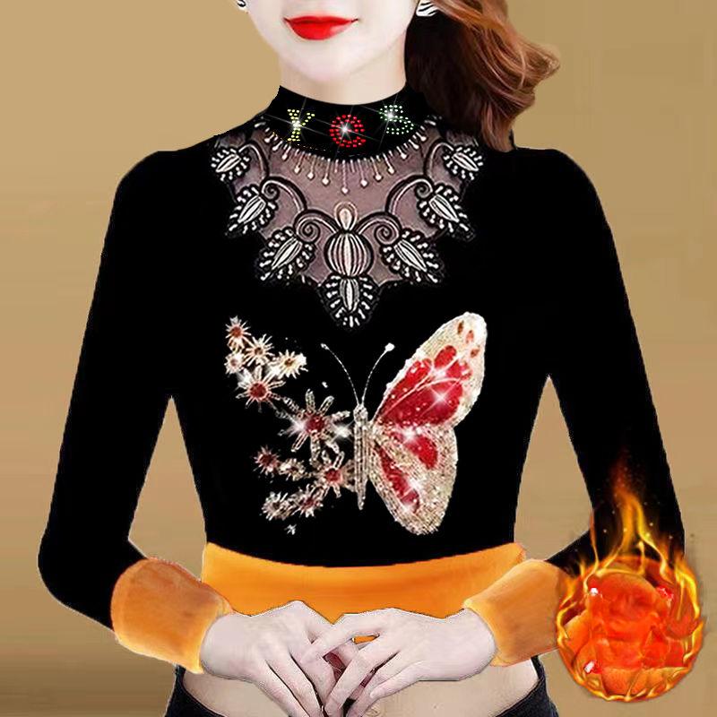 

Женская флисовая рубашка-подкладка, осенне-зимняя футболка с длинными рукавами и принтом, облегающая теплая кружевная основа, пуловер, топ 4XL