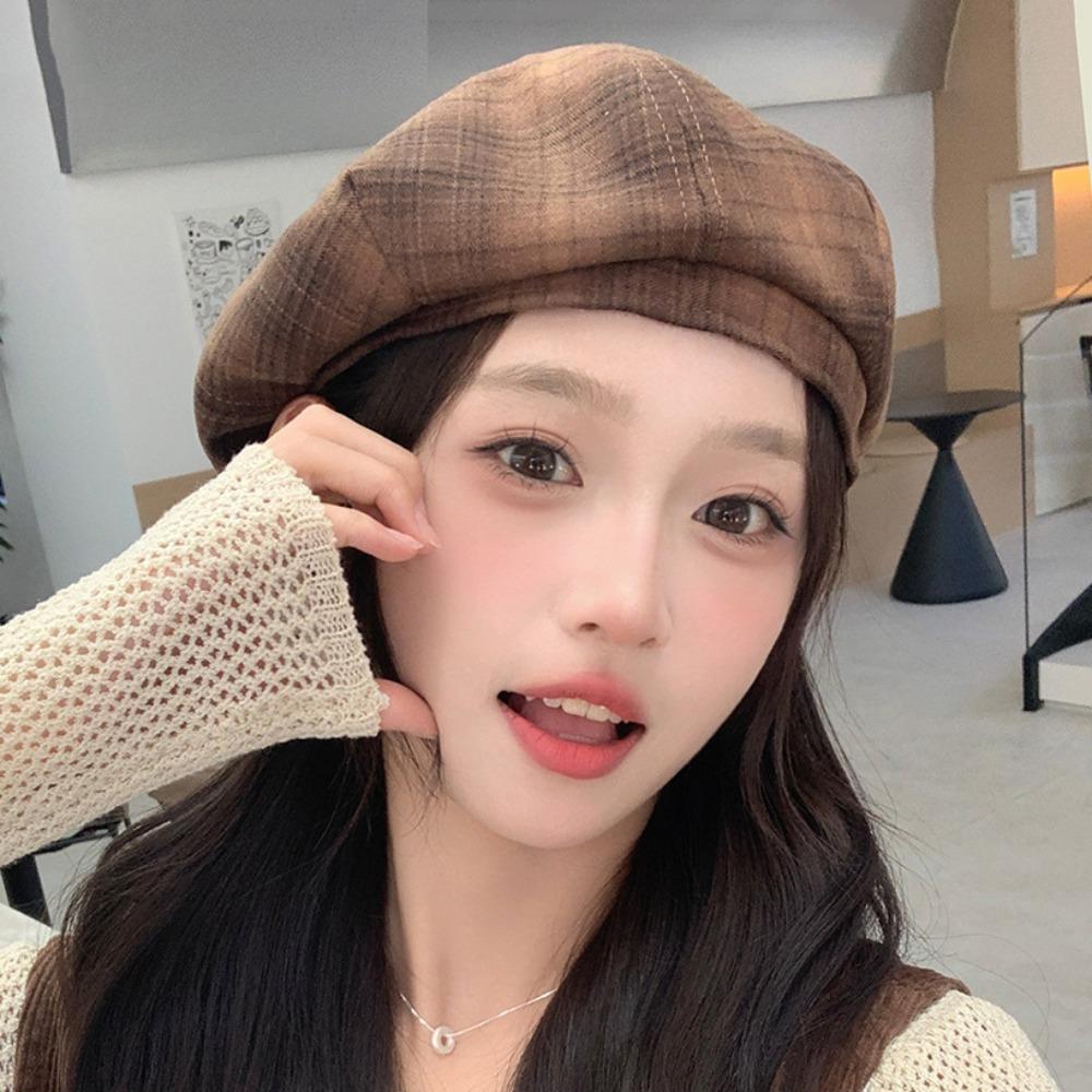 Street Style Plaid Beret Hat Y2K Octagonal Hat Simple Painter Hat  Winter