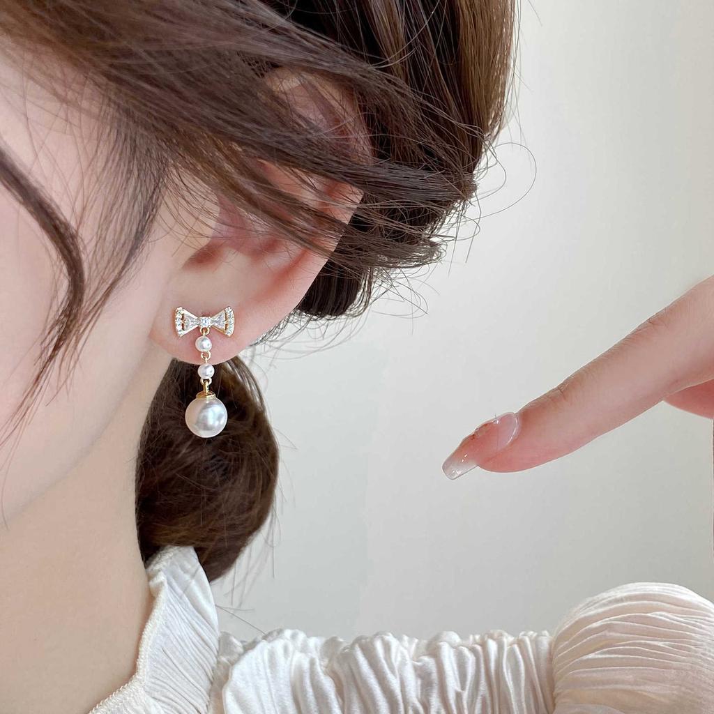 Bow pearl zircon stud earrings femininity is now popular earrings niche design earrings
