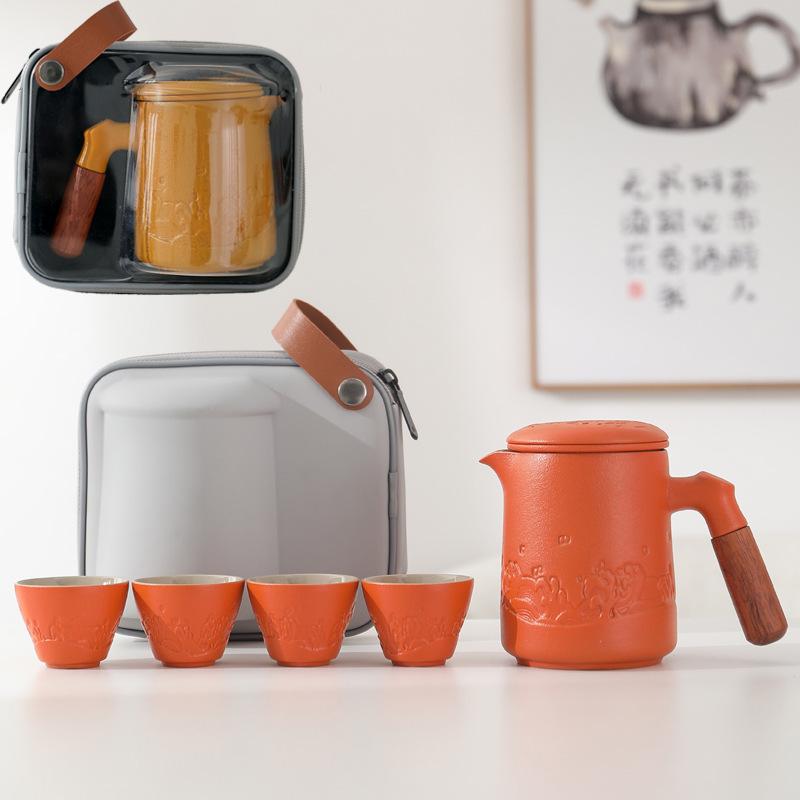 Ceramic Kuaike Cup One Pot Four Cups Travel Kung Fu Tea Set Portable Bag Set Simple Business Gift Engraving